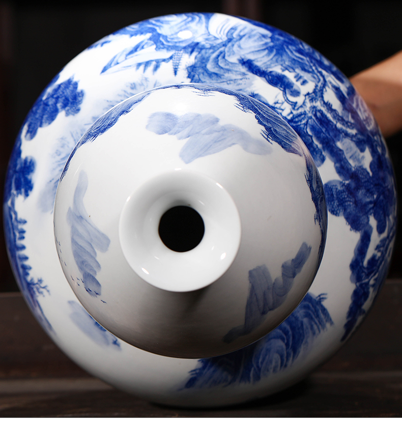 Jingdezhen ceramics by hand antique household adornment of large blue and white porcelain vase gourd landscape painting the living room