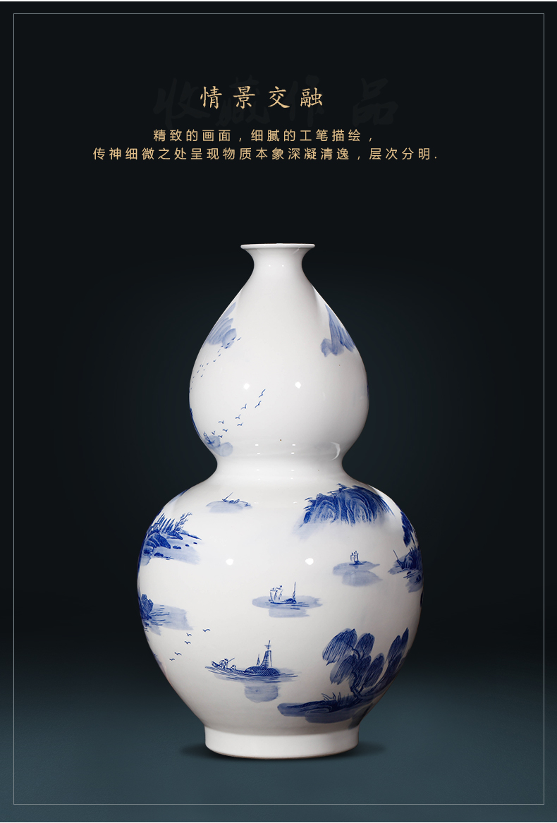 Jingdezhen ceramics by hand antique household adornment of large blue and white porcelain vase gourd landscape painting the living room