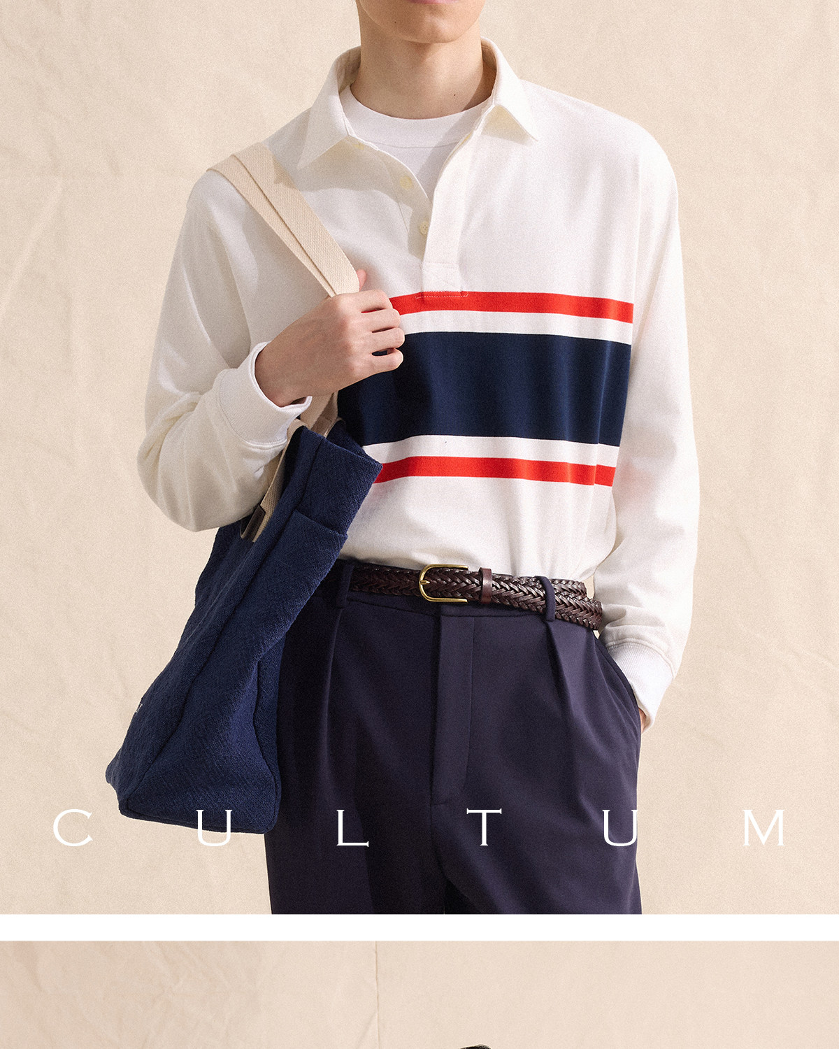 CULTUM Navy Striped Half-Placket Polo