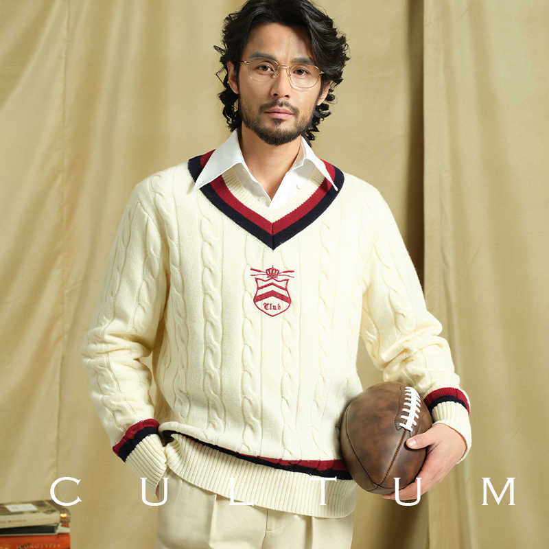 【Skin-Friendly Merino Wool】Cultum Cricket Tennis V-Neck Cable Knit Sweater for Men Casual Ivy Base Layer