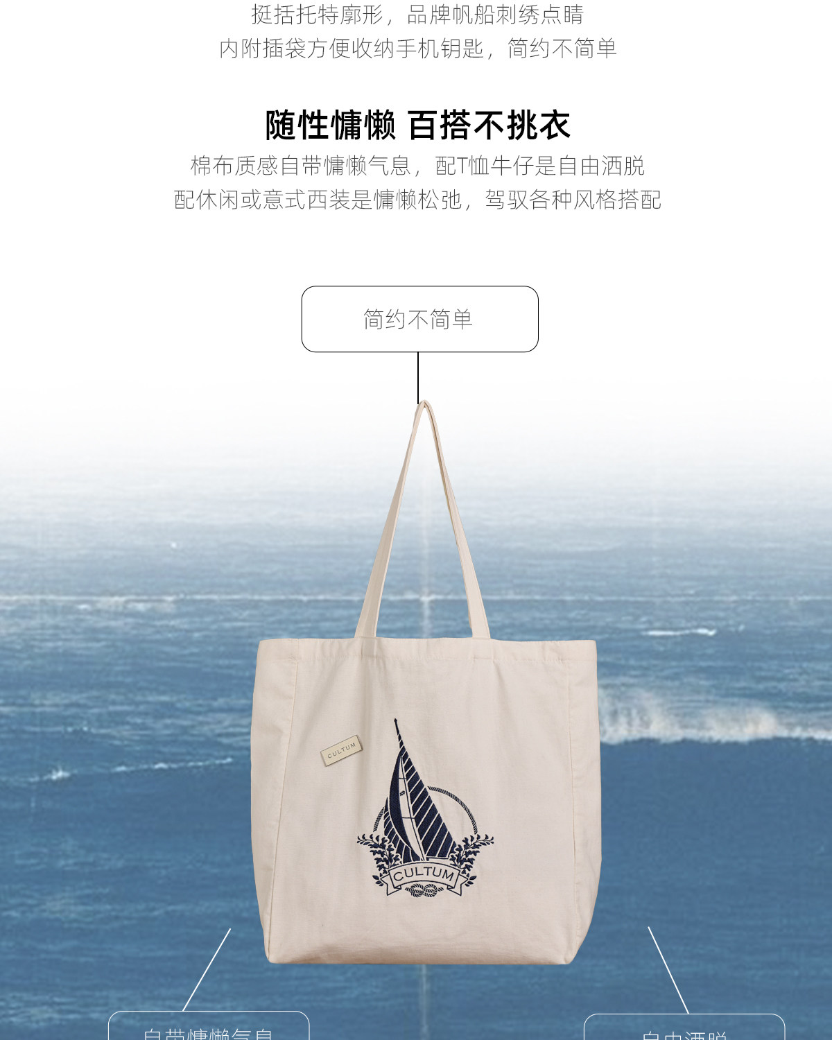 CULTUM Embroidered Sailboat Canvas Tote Bag