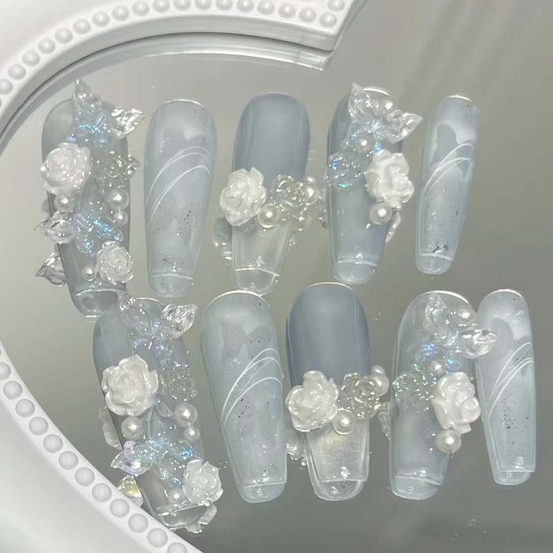 Handmade Nails with Blue Flower Pearl Decoration, Fairy-Style Jelly Crystal Sparkling Nail Tips