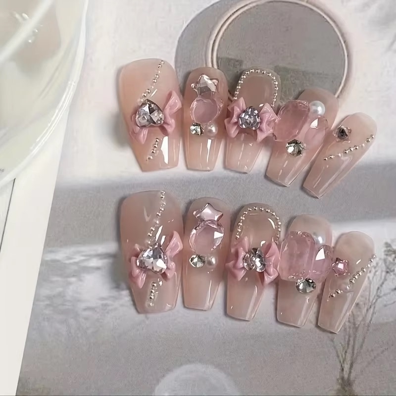Purely Handmade Girly Style Wearable Nails with Pink Flowers and Rhinestone Decoration, Sweet and High-End, Whitening Effect, Removable Fake Nails Purely Handmade Girly Style Wearable Nails with Pink Flowers and Rhinestone Decoration, Sweet and High-End, Whitening Effect, Removable Fake Nails