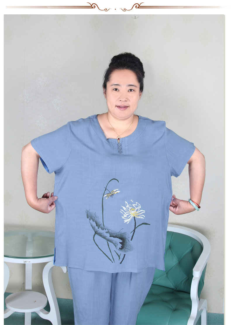 Chất béo bà ngoại nạp 200 kg thêm lớn phụ nữ trung niên của bông và áo sơ mi vải lanh vòng cổ ngắn tay t-shirt nữ loose micro mua quần áo cho mẹ trung tuổi