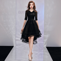 Black evening dress 2021 new front short back long banquet dress small dress banquet temperament socialite dress female