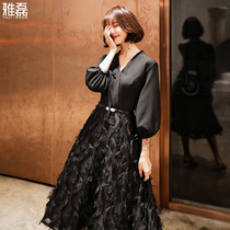 Party evening dress female 2021 new style party temperament socialite dress small dress medium long black long sleeve