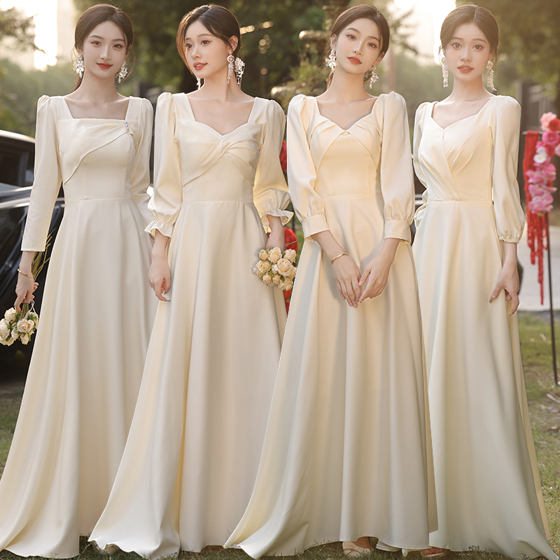 Champagne-Colored Satin High-End Bridesmaid Dress for Women 2026 New Autumn and Winter Long-Sleeved Niche Wedding Sister Group Dress