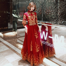 Toast dress bride wine red long sleeve 2021 summer Chinese style long wedding dress modern female back door dress