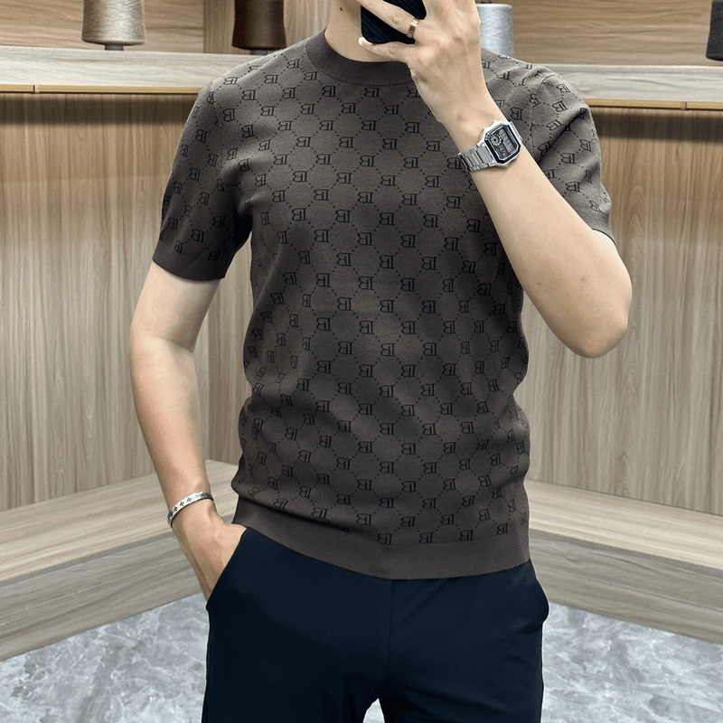 2026 Spring/Summer New Men's High-Quality Knitwear Short-Sleeve Business Casual Letter Jacquard Versatile Slim-Fit Top