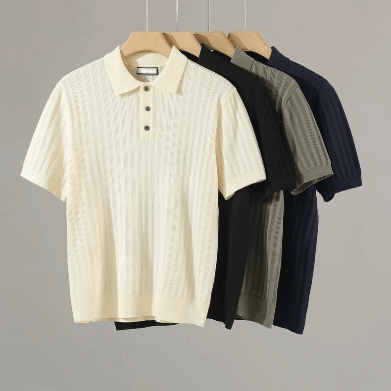 2026 Summer Old Money Style Polo Shirt for Men, Vertical Texture Knitted Short Sleeve, High-End Feel, Cool and Breathable Button-Up Top