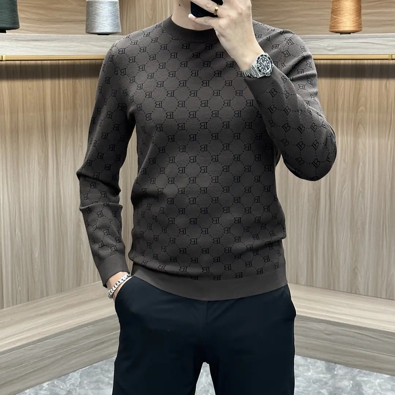 2026 Autumn New Men's High-Quality Light Luxury Long-Sleeve Jacquard Knitwear Trendy Versatile Business Casual Top