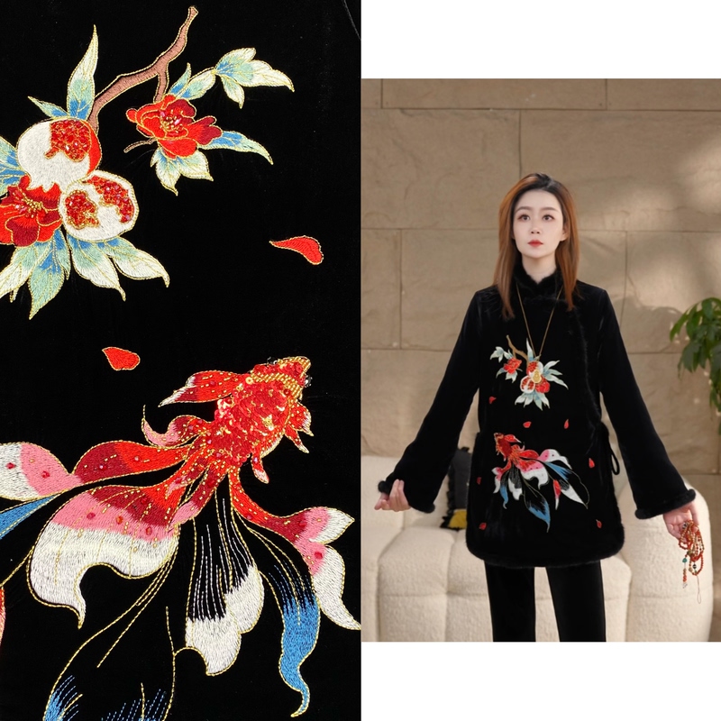 Miss.Z【Down-Feather Mink Koi】Black Velvet Embroidered New Chinese-Style down Jacket # W10261