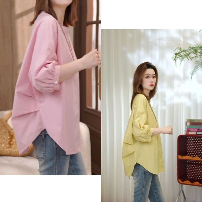 [Miss Zhao] Turtle-Back Cotton Shirt for Spring and Summer, Loose Casual Fit, Slimming and Versatile Round-Neck Top # 04021