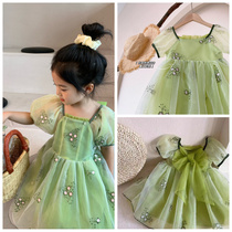 New Summer Green Wild Wonder Princess Skirt Girl Butterfly Knot Fairy Skirt Pure Color Fruits Green Princess Veil Dress