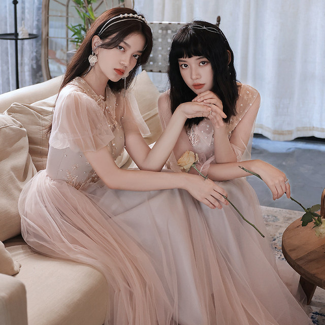 Bridesmaid dress 2021 new long pink autumn and winter sisters group fairy temperament wedding evening dress skirt female master of ceremonies opening