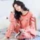 Bộ đồ ngủ mùa thu nữ mùa xuân và mùa thu cotton tinh khiết dài tay 2019 lưới mới màu đỏ Hàn Quốc ngọt ngào và dễ thương Bộ đồ phục vụ sinh viên ở nhà - Bên ngoài ăn mặc