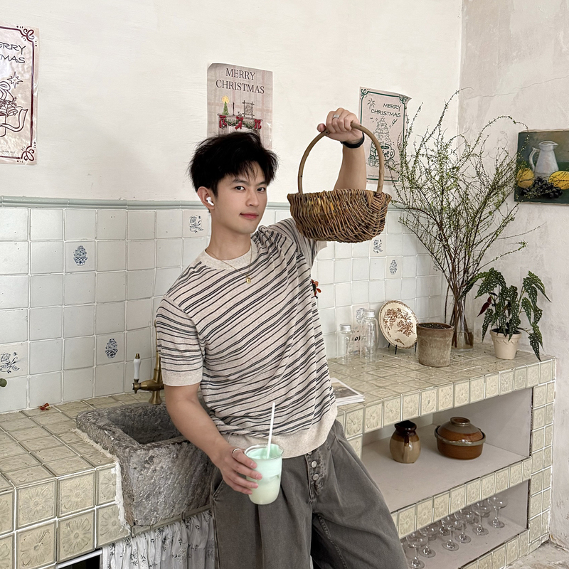 Fly-Type Lyocell Old Money Style Striped Short-Sleeve T-Shirt for Men, Summer Cool Knit Shirt, Loose Casual Top