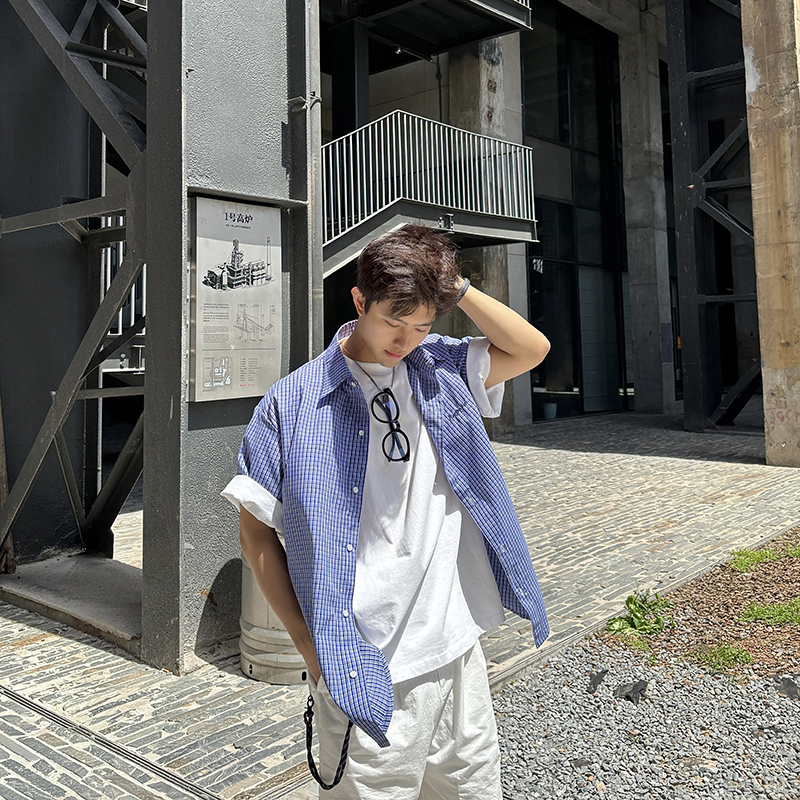 Feixingji American Retro Blue Plaid Short-Sleeved Shirt for Men, Summer Loose Casual Versatile Couple Shirt