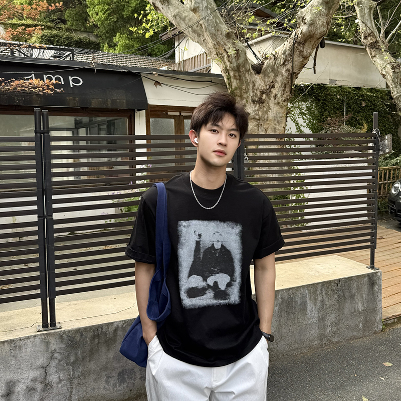 Feixingji Heavyweight Pure Cotton 260g Cool-Feeling Short-Sleeve T-Shirt for Men, American Retro Loose-Fit Printed Drop-Shoulder Black Top