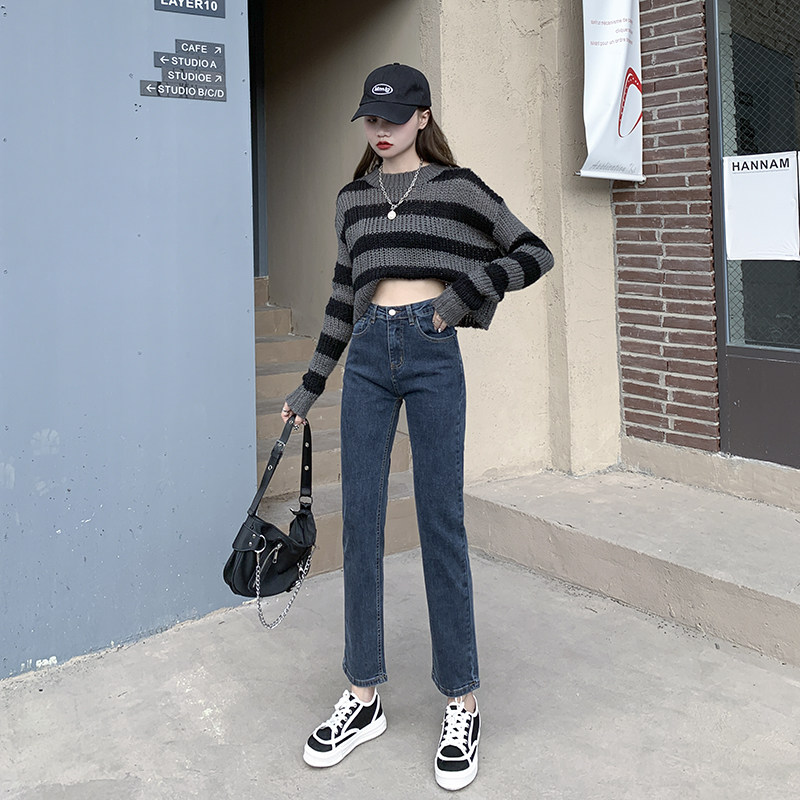 Xiaomi Bear Straight Jeans Women's Blue Gray 2022 Spring New Elasticity Thin and Loose Eight-point Cigarette Pants Women