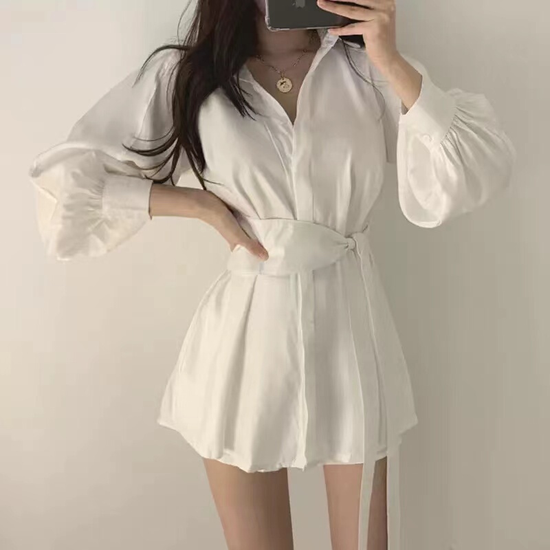 Retro Hong Kong Style Waist-Slimming White Shirt for Women, Spring & Fall Korean Style Design, Niche Lantern Sleeves, Mid-Length Shirt Dress
