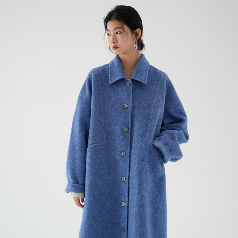 Lingyili Winter Series Sea Blue Silk Rabbit Wool Blend Double-Sided Nylon Long Coat