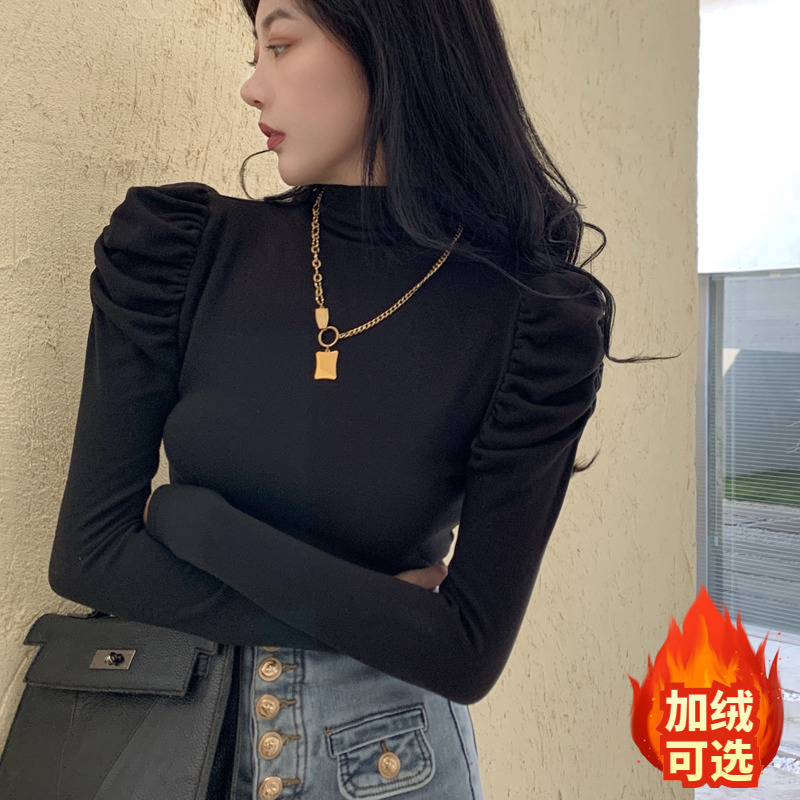 Half-High Collar Inner Layer with Unique Design, Slim-Fit Women's Top with Niche Puff Sleeves, Long-Sleeve T-Shirt with Regular Shoulders, Trendy