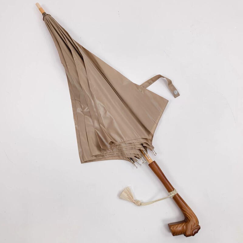 【Vintage Light Luxury Style Solid Wood Carved Dog Head】Japanese Wooden Manual Windproof Dual-Use Umbrella for Women