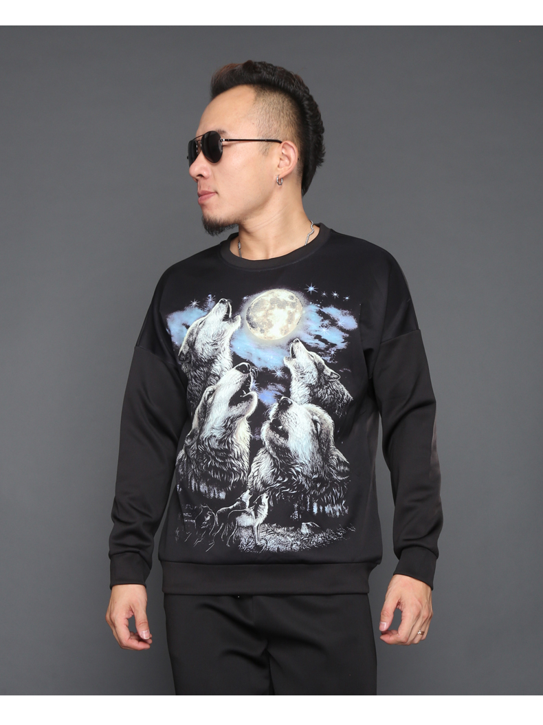 Động vật sói 3D mô hình sói đầu thủy triều thương hiệu nam in áo hoodie dài tay áo len cỡ lớn thả lỏng mùa xuân và mùa thu áo khoác nam có mũ