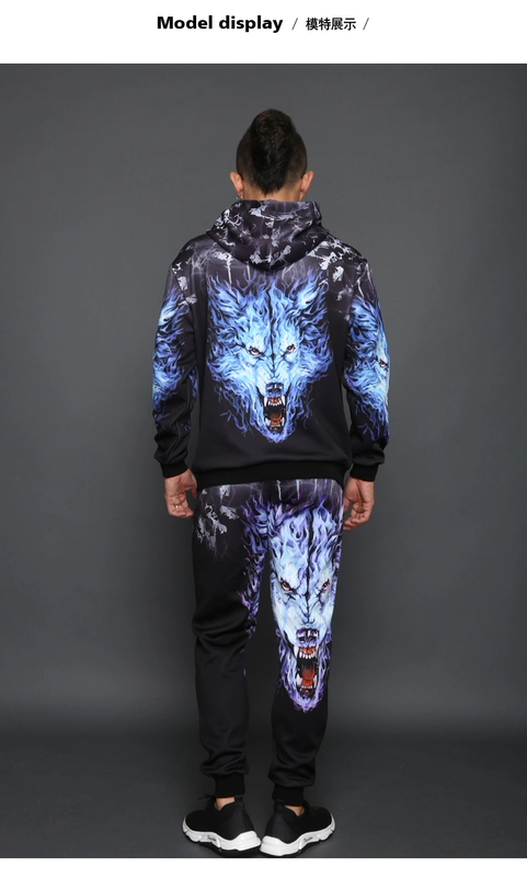 Động vật sói 3D mô hình sói đầu thủy triều thương hiệu nam in áo hoodie dài tay áo len cỡ lớn thả lỏng mùa xuân và mùa thu