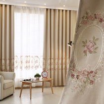 High-grade curtain custom finished cotton hemp embroidery full shading linen bedroom living room floating floor-to-ceiling window Chinese mirror moon flower