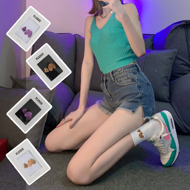 PALM palm tree decapitated bear angel embroidery pure cotton ins tide European and American street white sports socks mid-tube socks