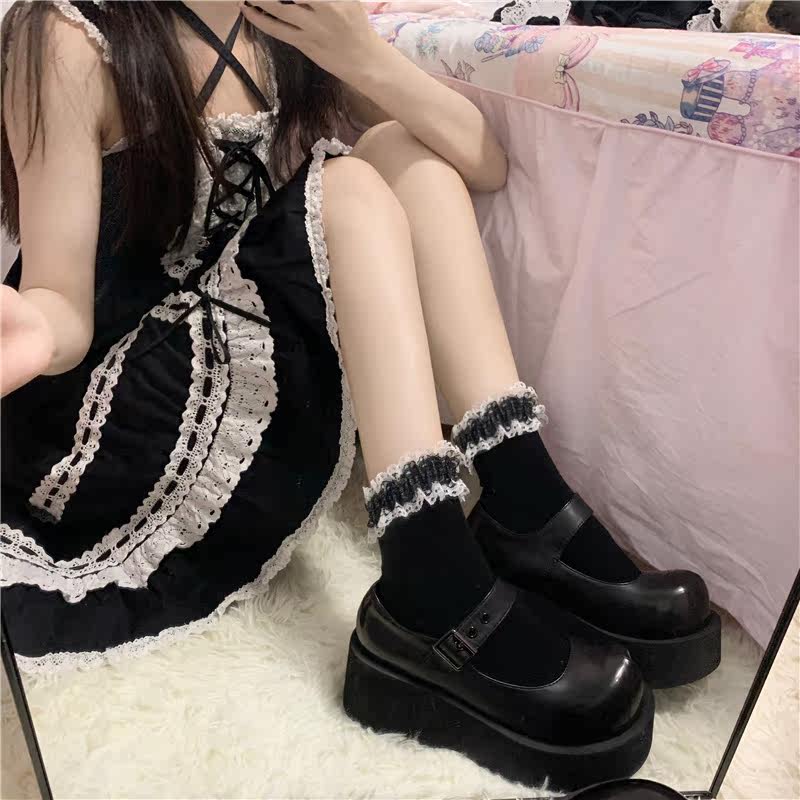 Lolita black lace mid-tube socks white JK college style uniform Japanese student princess girl cotton socks
