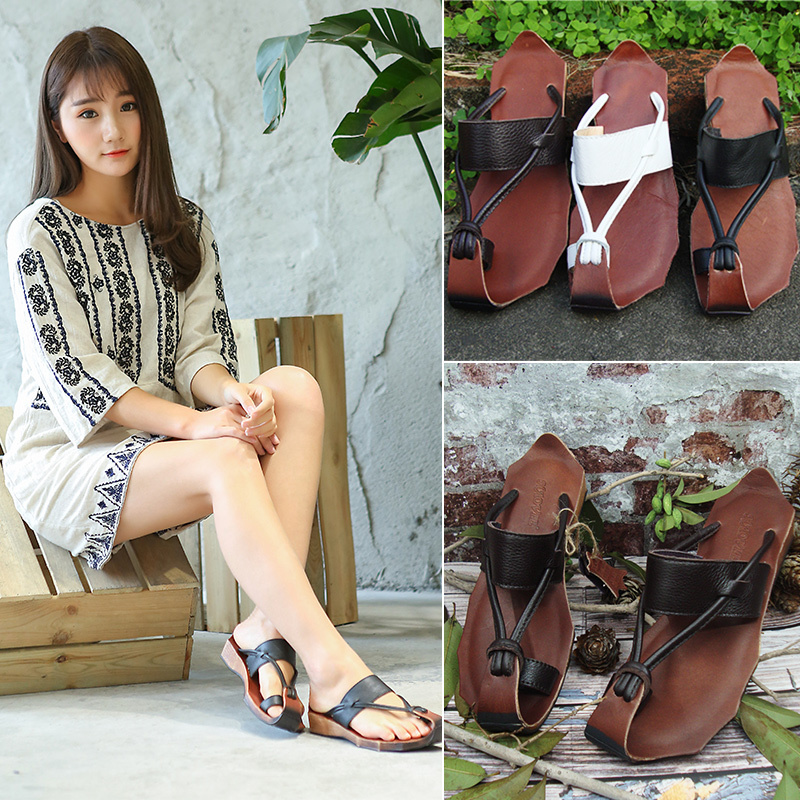 Forest-Style Women's Handmade Artistic Original Ethnic Retro Wedge Heel Closed-Toe Flip-Flop Niche Unique Women's Genuine Leather Slippers