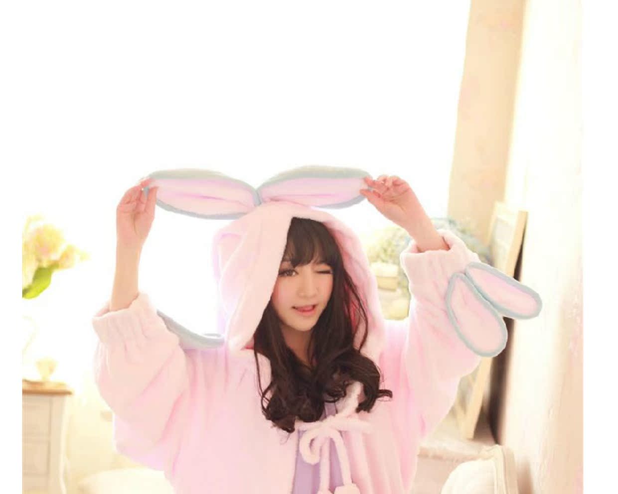 [thỏ] dễ thương áo choàng thỏ san hô lông cừu ấm áp đồ ngủ áo ngủ dài mũ dịch vụ nhà áo ngủ đôi nam nữ