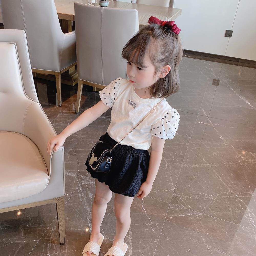 Girls short-sleeved T-shirt 2022 summer girl baby puff sleeve thin section round neck top children's summer bottoming shirt tide
