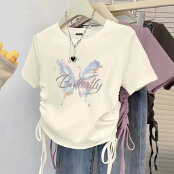 Girls, Middle and Large Children's New Drawstring Design Pure Cotton T-Shirt Korean Style Medium and Large Children's Apricot Color Versatile Summer New Clothing Trend