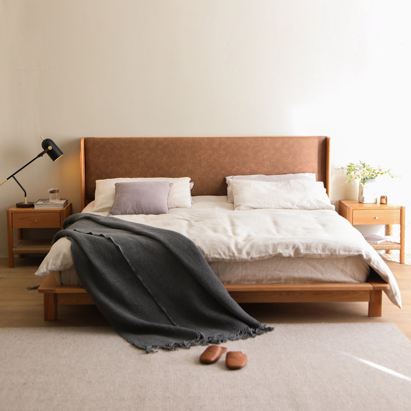 Cherry Wood Master Bedroom Wedding Bed, Black Walnut Light-Catching Box, American Retro Leather Bed, Japanese Minimalist Tatami Floating Bed Cherry Wood Master Bedroom Wedding Bed, Black Walnut Light-Catching Box, American Retro Leather Bed, Japanese Minimalist Tatami Floating Bed