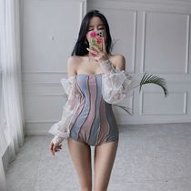 Dudu point Han Shang Korean ins fairy fan one-piece swimsuit female small chest Conservative belly thin 2021 New Swimwear