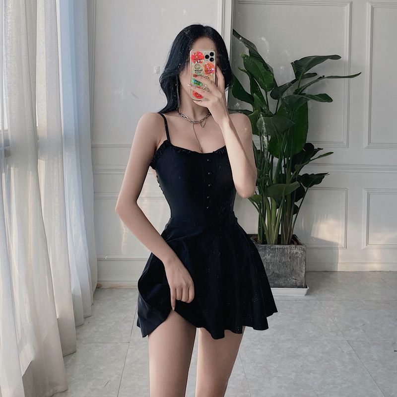 Doodle Han Shang Korean one-piece swimsuit Women's small-breasted skirt conservative belly cover thin halter hot spring swimming suit