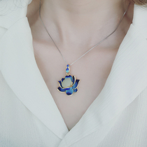 Hetian Jade Lotus pendant 925 sterling silver Lotus necklace female summer Small Again ancient scenery Cloisonne Jewelry to send girlfriend
