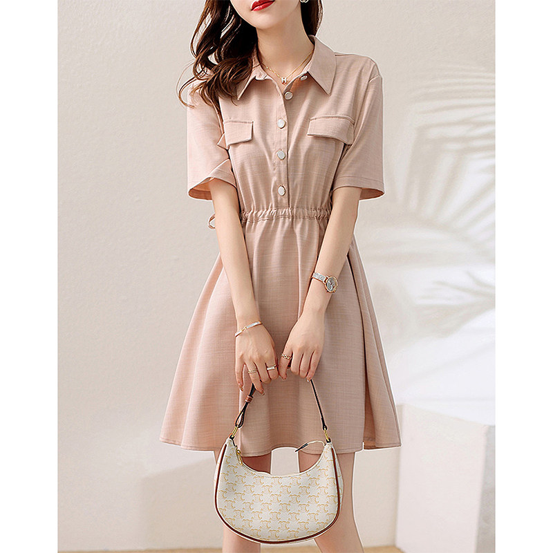 SNICYKER shirt-collar dress women's summer new style slimming and age-reducing Western style pink waist chic skirt