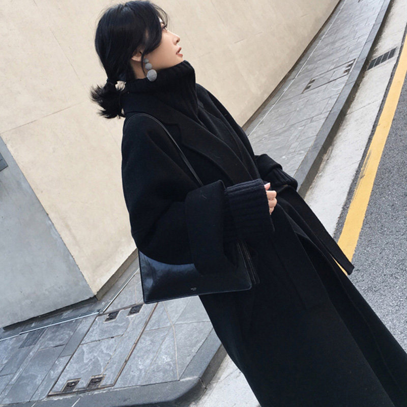 SNICYKER black double-sided cashmere coat women 2021 Winter new medium and long version of Hepburn wool jacket