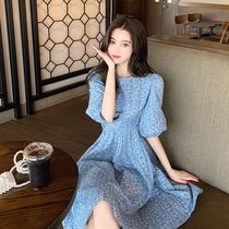 SNICYKER 2023 Summer New Tea - break French Orange Inarceration is blue crushed flower bubble sleeve dress