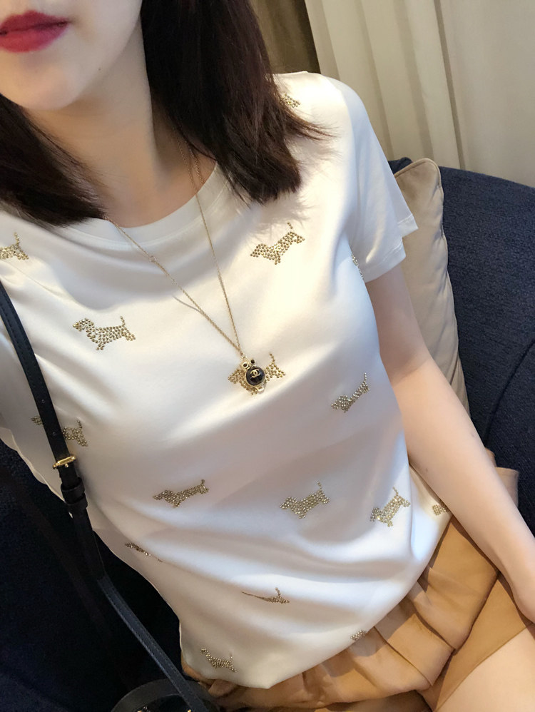 SNICYKER2021 years Summer new white Lean Mulberry Silk Blouse Water Drill Real Silk Short Sleeve T Shirt Woman