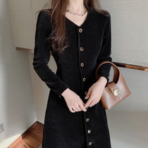 SNICYKER2022 year in spring autumn harvest waist display slim over kneecap small black dress Black Dress Temperament Light Core Suede Dress Woman