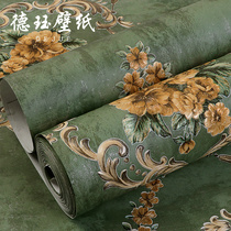 American wallpaper retro 3D three-dimensional pastoral green big flower European wallpaper luxury background wall bedroom living room light luxury