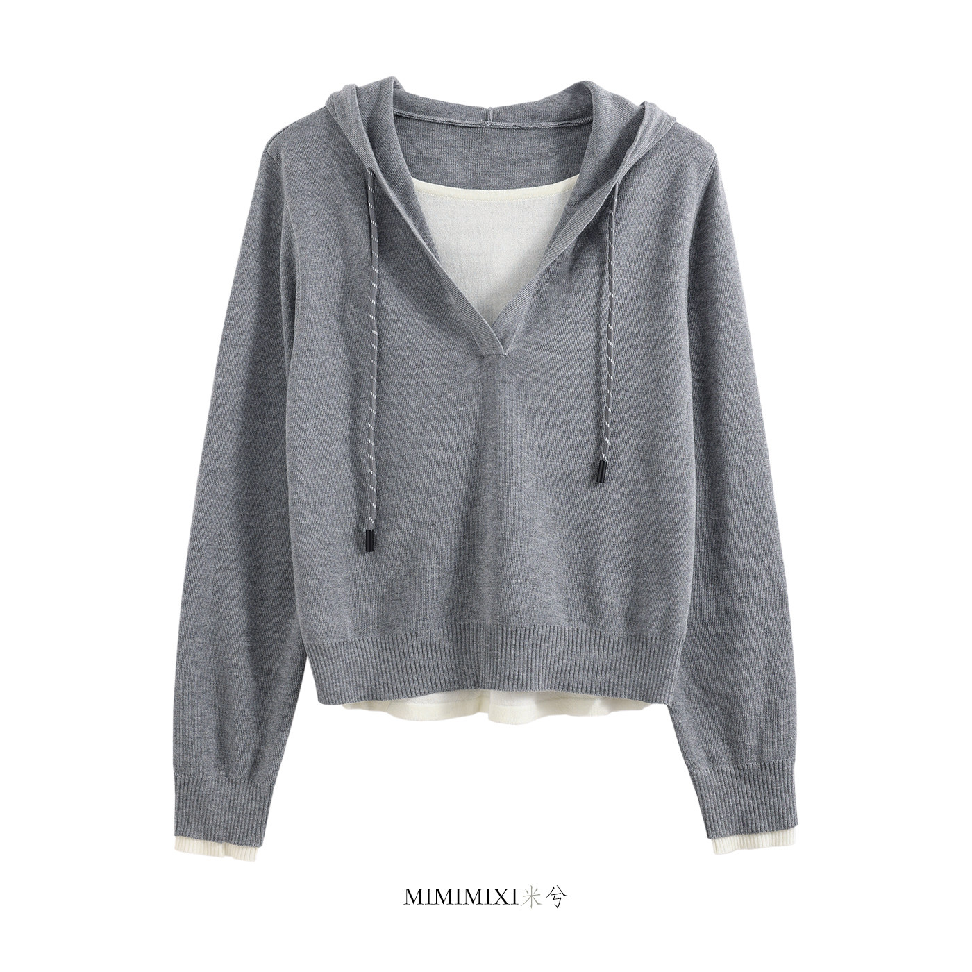 MIMIMIXI レディース用フード付きフェイクツーピースニットスウェットシャツ、2026年春新作、グレー薄手プルオーバートップ