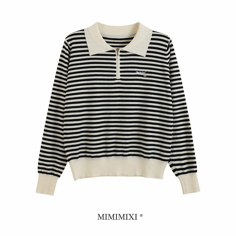 Mimimixi Early Autumn Design Half-Zip Striped Knit Sweater Women's Turn-Down Collar Sweater Jacket Base Layer Top