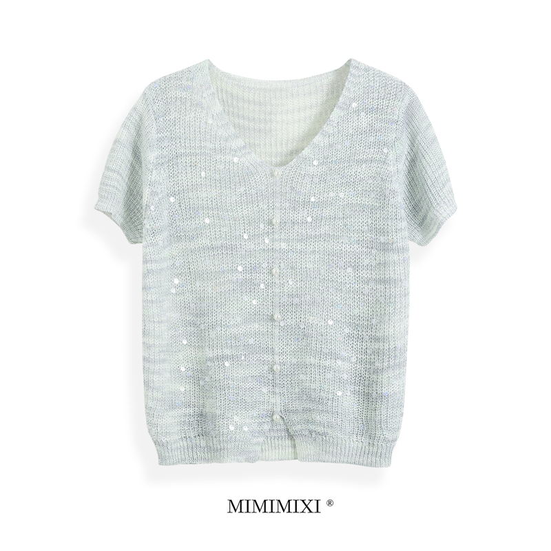 Mimimixi Sequined Pullover Knitwear for Women Summer Thin Style 2026 Design Pearl Button Short-Sleeved Top